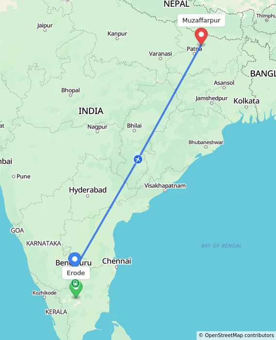 Route map showing distance and travel time from Erode, India to Muzaffarpur, India