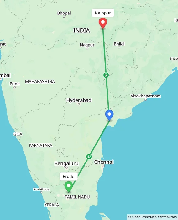 Route map showing distance and travel time from Erode, India to Nainpur, India
