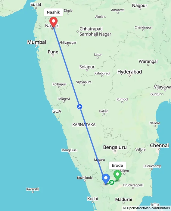 Route map showing distance and travel time from Erode, India to Nashik, India