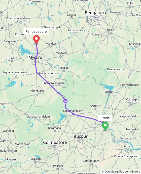 Route map showing distance and travel time from Erode, India to Pandavapura, India