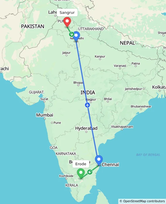 Route map showing distance and travel time from Erode, India to Sangrur, India