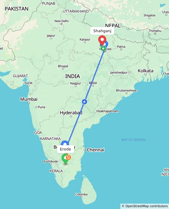 Route map showing distance and travel time from Erode, India to Shahganj, India