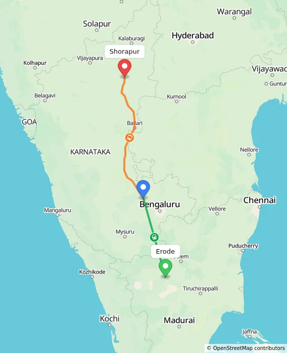 Route map showing distance and travel time from Erode, India to Shorapur, India