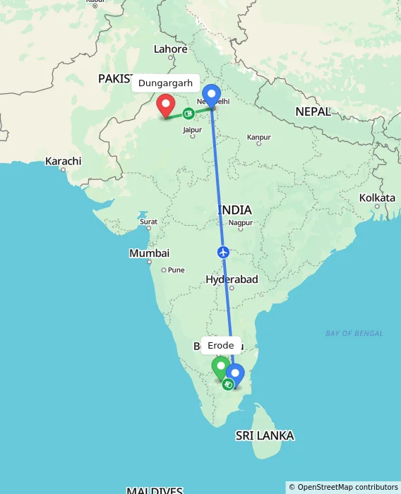 Route map showing distance and travel time from Erode, India to Dungargarh, India