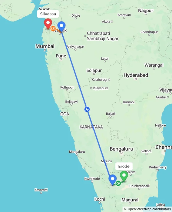 Route map showing distance and travel time from Erode, India to Silvassa, India