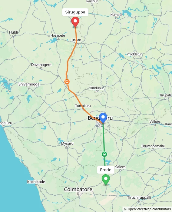 Route map showing distance and travel time from Erode, India to Siruguppa, India