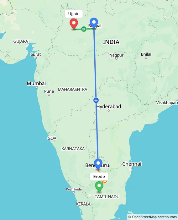 Route map showing distance and travel time from Erode, India to Ujjain, India