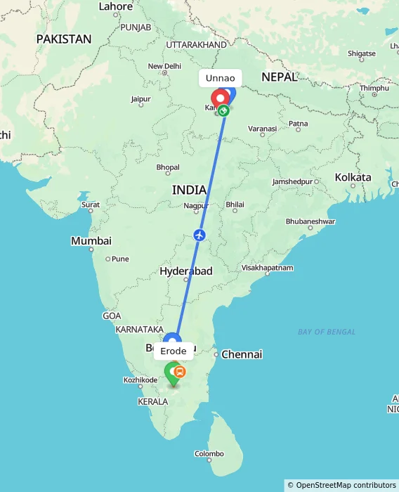 Route map showing distance and travel time from Erode, India to Unnao, India