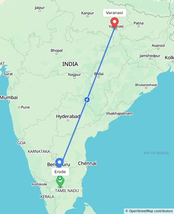 Route map showing distance and travel time from Erode, India to Varanasi, India