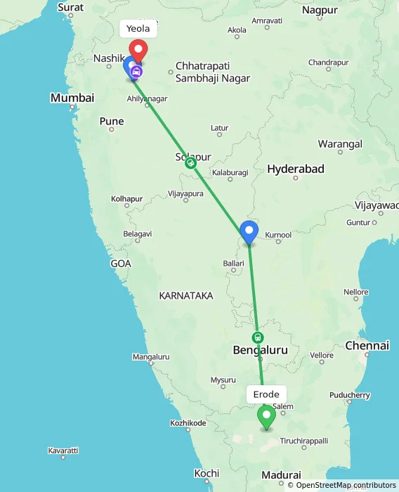 Route map showing distance and travel time from Erode, India to Yeola, India