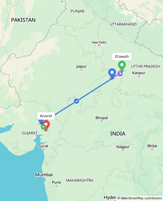 Route map showing distance and travel time from Etawah, India to Anand, India