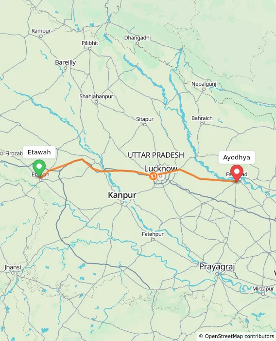 Route map showing distance and travel time from Etawah, India to Ayodhya, India