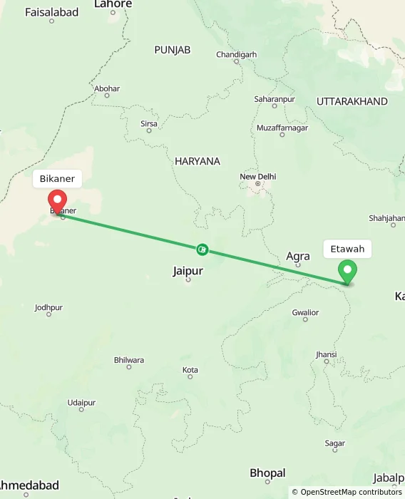 Route map showing distance and travel time from Etawah, India to Bikaner, India