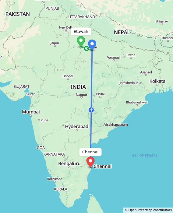 Route map showing distance and travel time from Etawah, India to Chennai, India