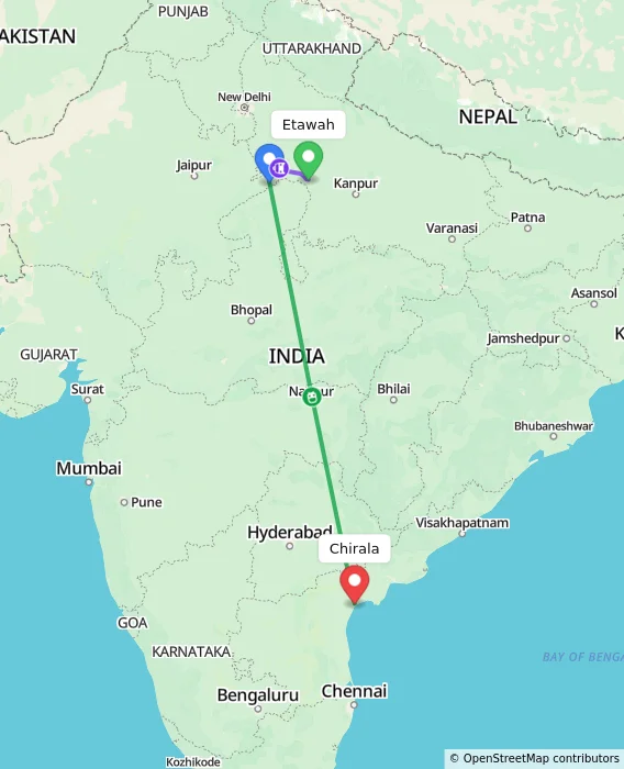 Route map showing distance and travel time from Etawah, India to Chirala, India