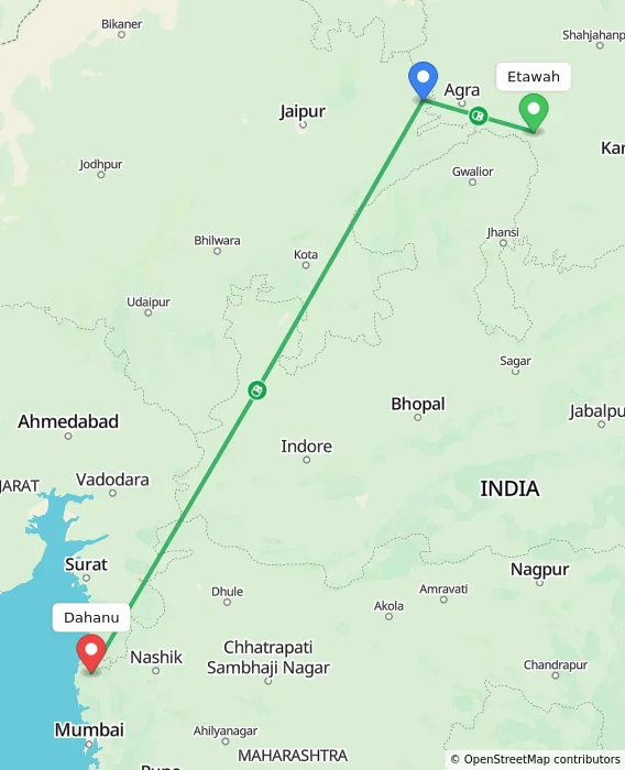 Route map showing distance and travel time from Etawah, India to Dahanu, India