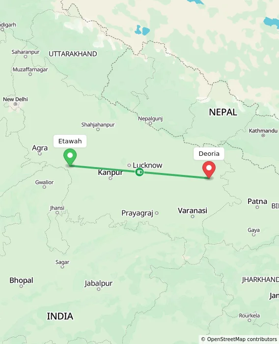 Route map showing distance and travel time from Etawah, India to Deoria, India