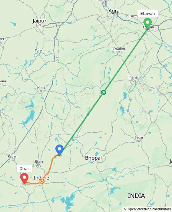 Route map showing distance and travel time from Etawah, India to Dhar, India