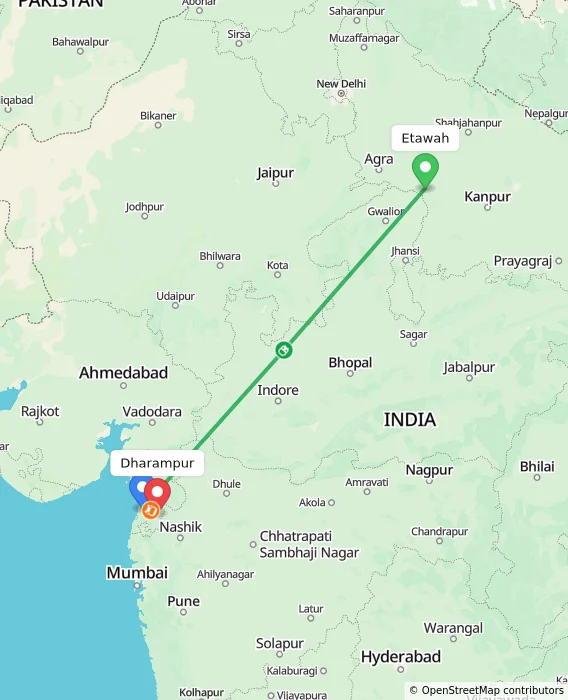 Route map showing distance and travel time from Etawah, India to Dharampur, India