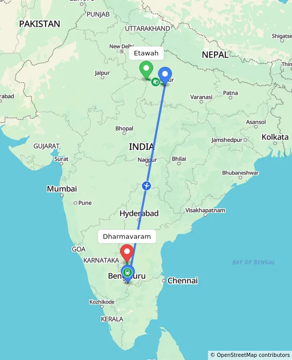 Route map showing distance and travel time from Etawah, India to Dharmavaram, India