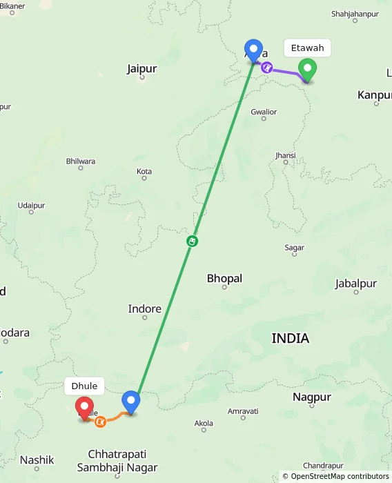 Route map showing distance and travel time from Etawah, India to Dhule, India