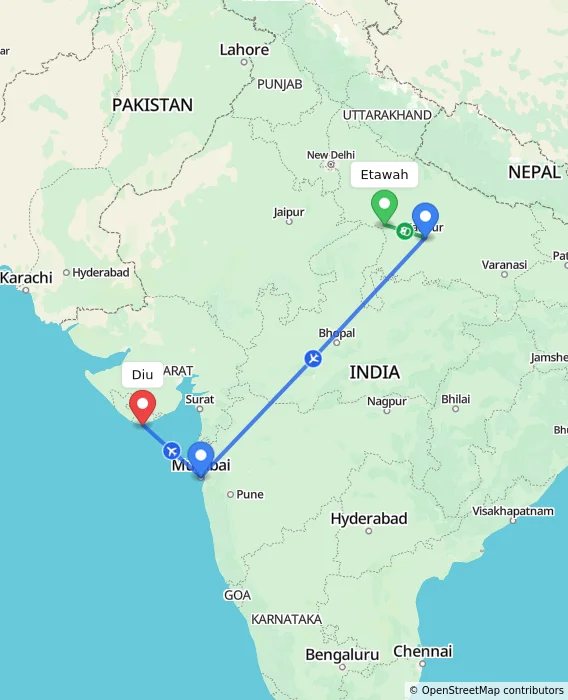 Route map showing distance and travel time from Etawah, India to Diu, India