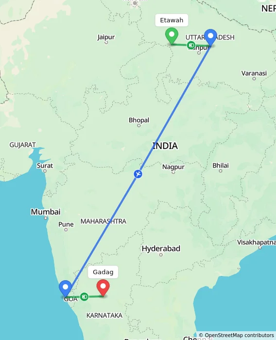 Route map showing distance and travel time from Etawah, India to Gadag, India