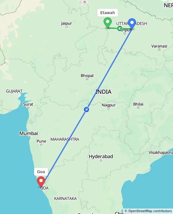 Route map showing distance and travel time from Etawah, India to Goa, India