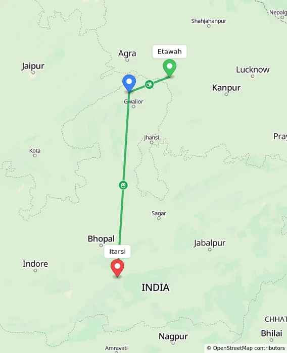 Route map showing distance and travel time from Etawah, India to Itarsi, India