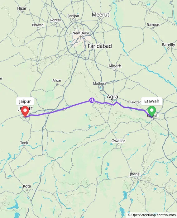 Route map showing distance and travel time from Etawah, India to Jaipur, India
