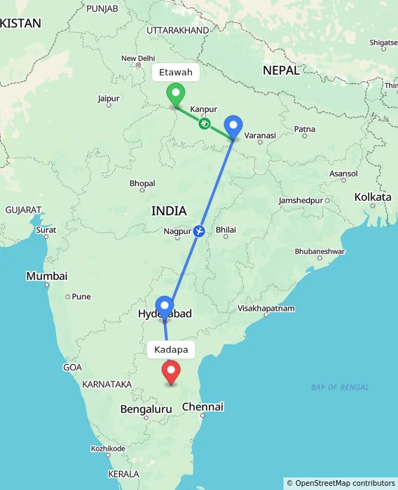 Route map showing distance and travel time from Etawah, India to Kadapa, India