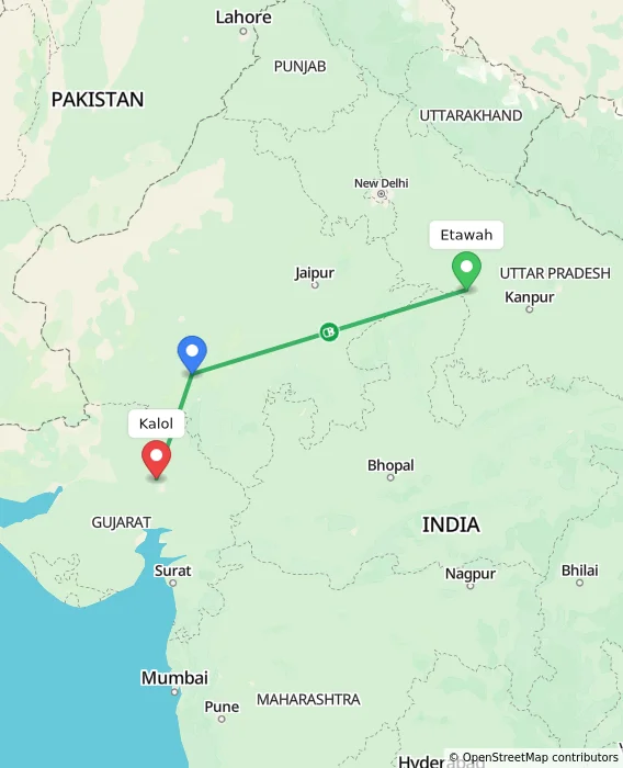 Route map showing distance and travel time from Etawah, India to Kalol, India