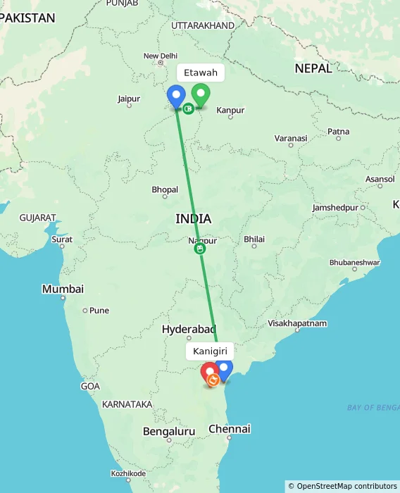Route map showing distance and travel time from Etawah, India to Kanigiri, India