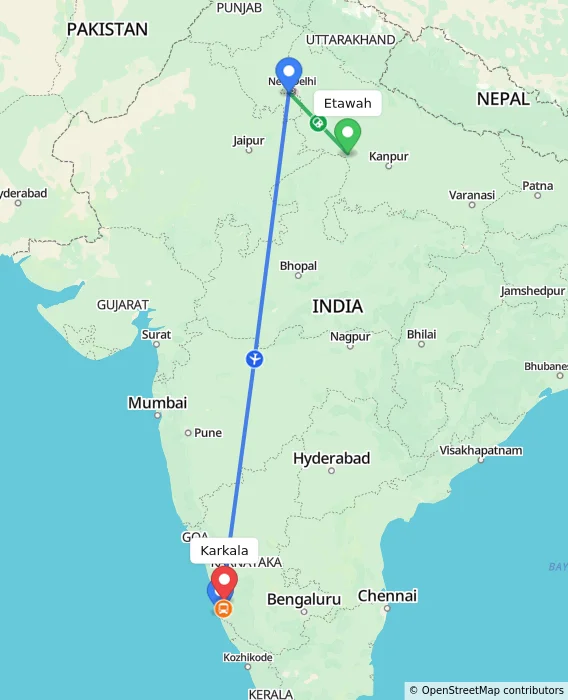 Route map showing distance and travel time from Etawah, India to Karkala, India