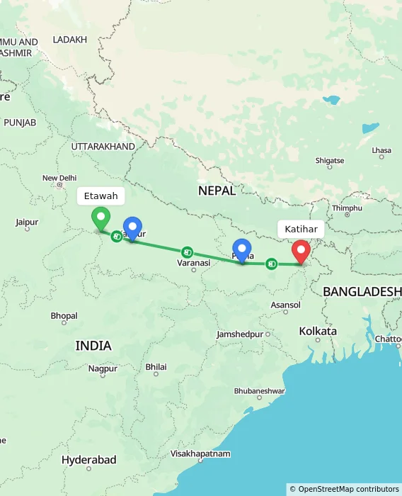 Route map showing distance and travel time from Etawah, India to Katihar, India