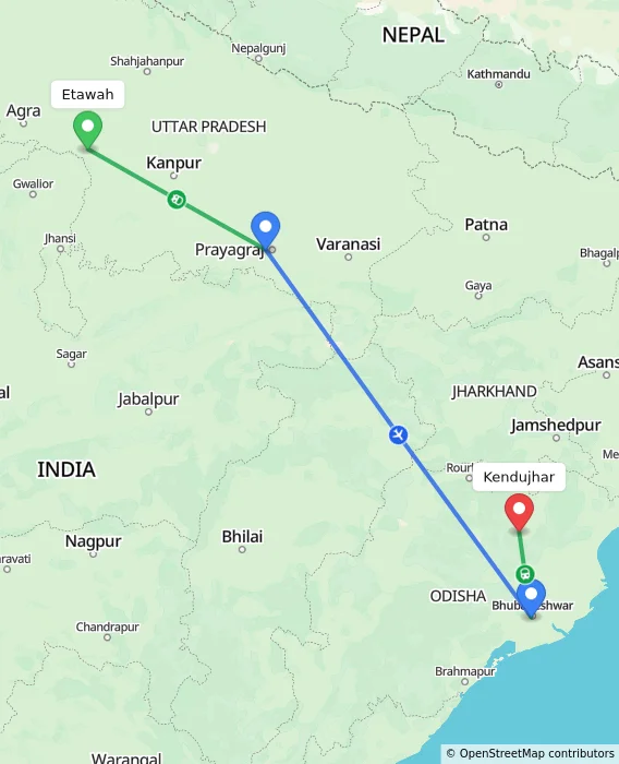Route map showing distance and travel time from Etawah, India to Kendujhar, India