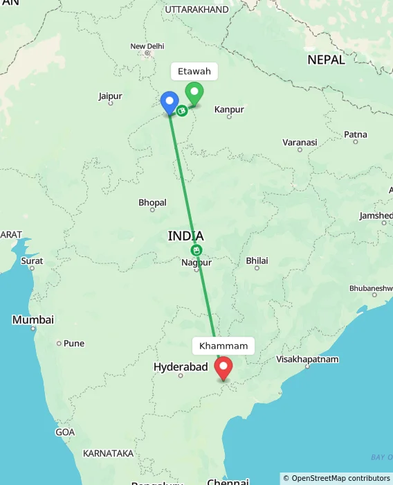 Route map showing distance and travel time from Etawah, India to Khammam, India