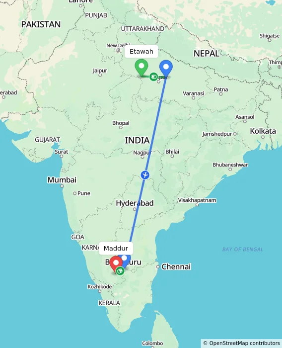 Route map showing distance and travel time from Etawah, India to Maddur, India