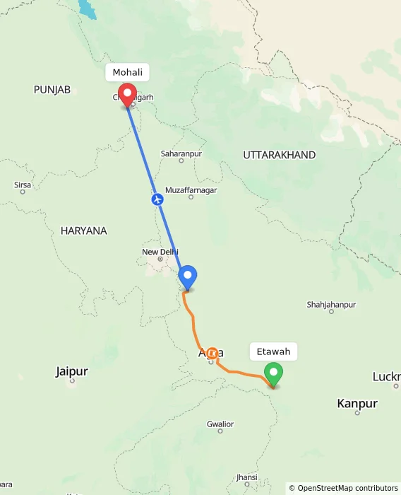 Route map showing distance and travel time from Etawah, India to Mohali, India