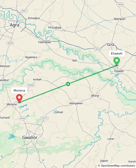 Route map showing distance and travel time from Etawah, India to Morena, India