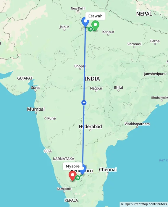 Route map showing distance and travel time from Etawah, India to Mysore, India