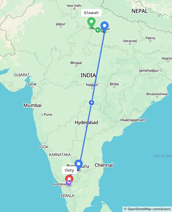 Route map showing distance and travel time from Etawah, India to Ooty, India