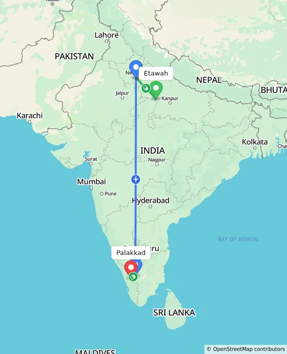 Route map showing distance and travel time from Etawah, India to Palakkad, India