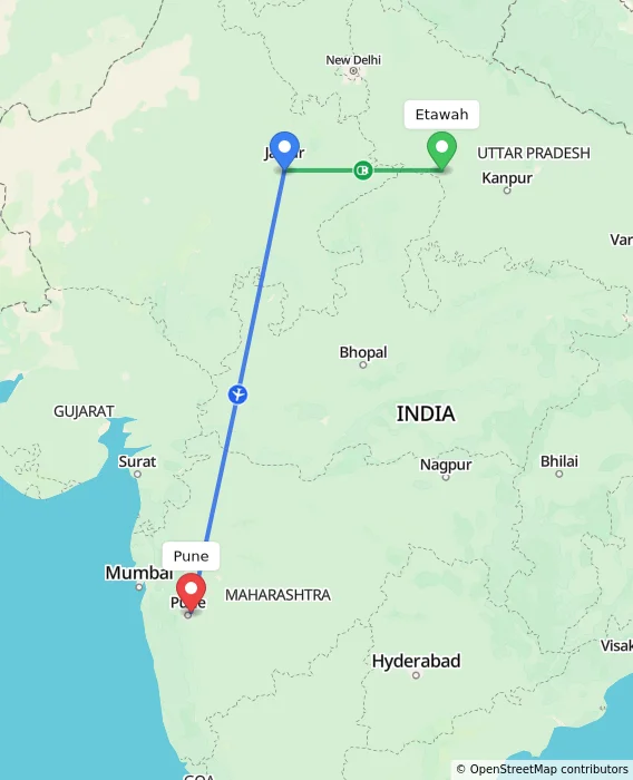 Route map showing distance and travel time from Etawah, India to Pune, India
