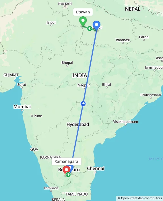 Route map showing distance and travel time from Etawah, India to Ramanagara, India