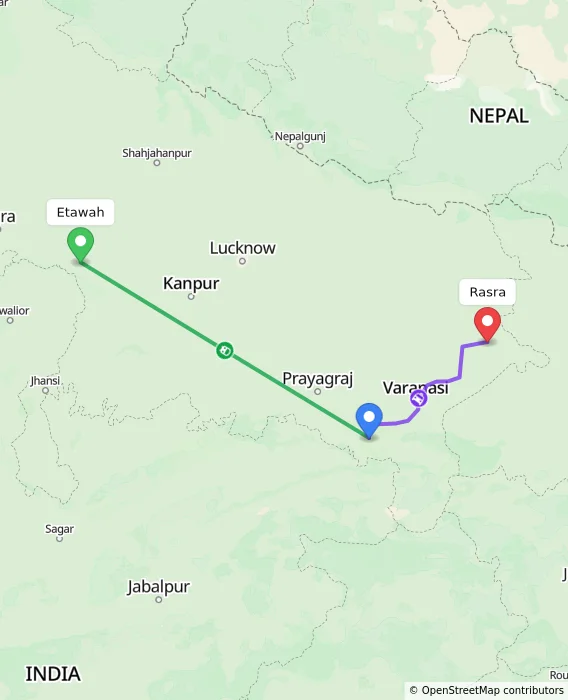 Route map showing distance and travel time from Etawah, India to Rasra, India