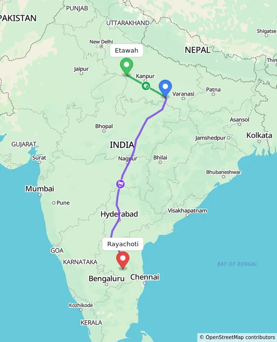 Route map showing distance and travel time from Etawah, India to Rayachoti, India