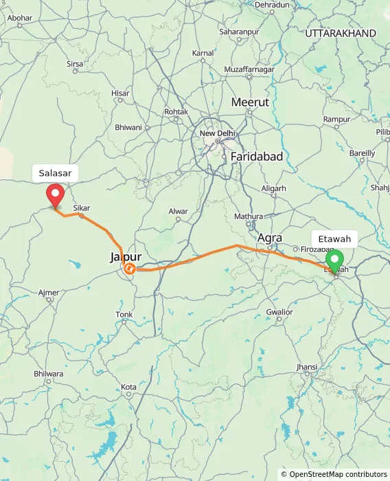 Route map showing distance and travel time from Etawah, India to Salasar, India