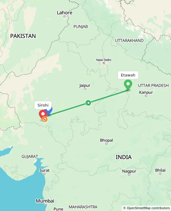 Route map showing distance and travel time from Etawah, India to Sirohi, India