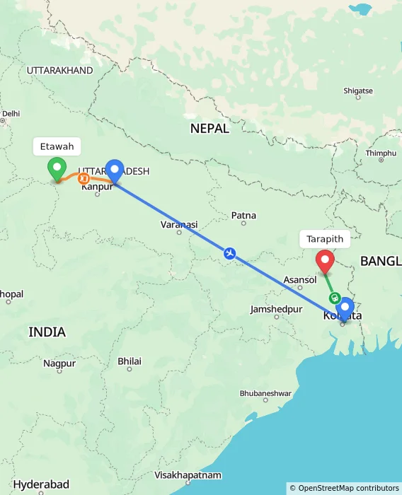 Route map showing distance and travel time from Etawah, India to Tarapith, India